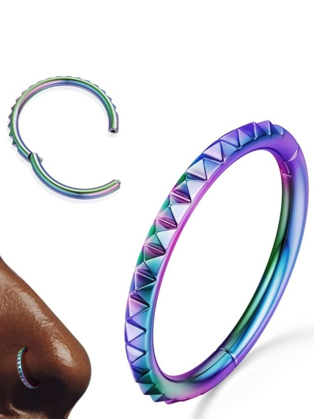 Iridescent Spike Seamless Hoop Nose Ring - Rainbow 18g 8mm (2)